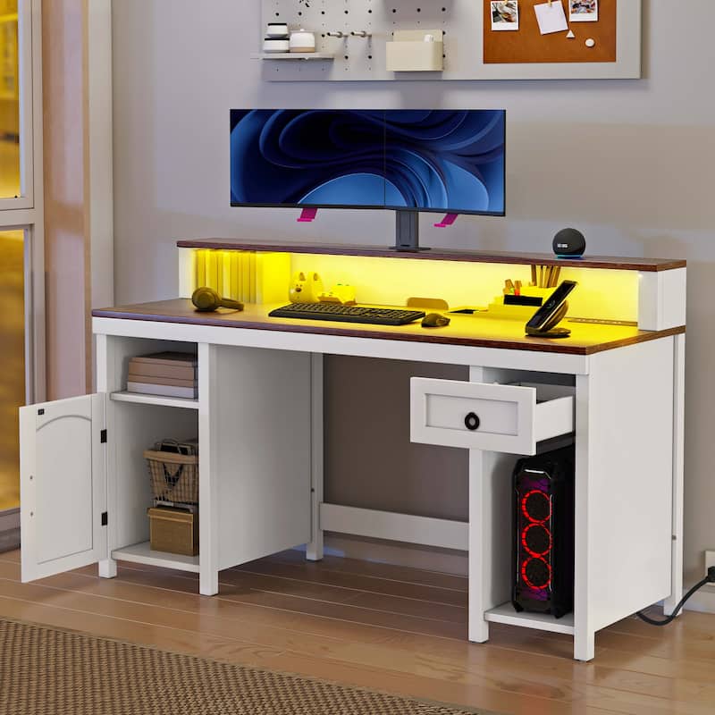 Moasis Farmhouse Wood Office Desk with Drawer and LED Strip & Power Outlets - White