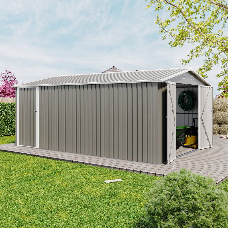 Campcraft Outdoor Storage Shed 10×14 FT with 3 Lockable Doors,4 Air Vents & Sloped Roof,Utility Tool Shed - Light Gray