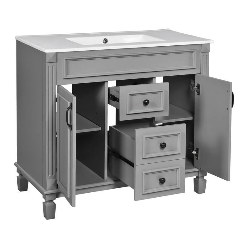36'' Bathroom Vanity with Top Sink, Freestanding Vanity Set with Mirror Cabinet