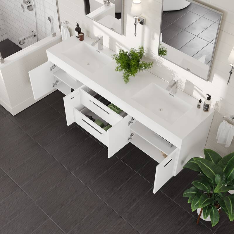 Lugano 72"W Wall Mount Bath Vanity with Acrylic Top & Integrated Sinks
