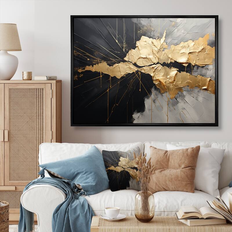 Designart "Black And Gold Abstract Meditation I" Abstract Painting Framed Canvas Art Print - 40 in. wide x 30 in. high - Black