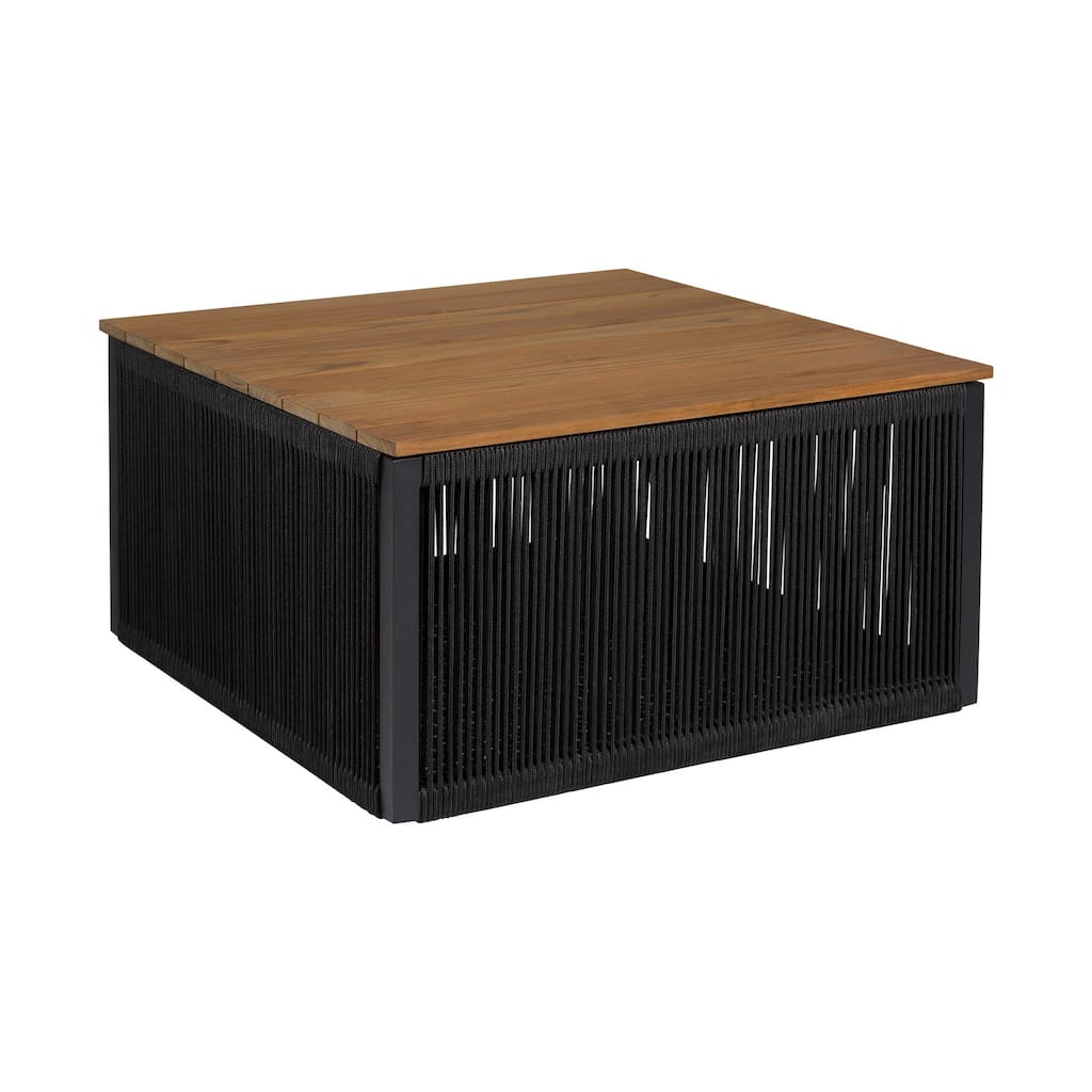 Miri 30 Inch Outdoor Coffee Table, Teak Wood Slatted Top, Black Rope
