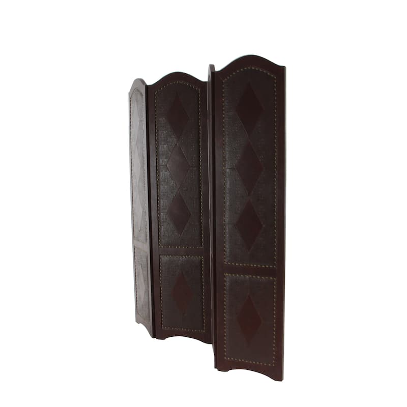 Brown Faux Leather Hinged Foldable Partition 4 Panel Scroll Partition Room Divider Screen with Faux Leather Detailing
