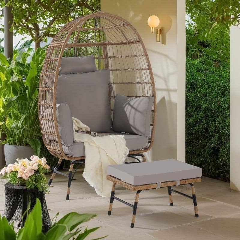 2-Piece Oversized Outdoor Rattan Wicker Egg Chair with Ottoman - Light Gray