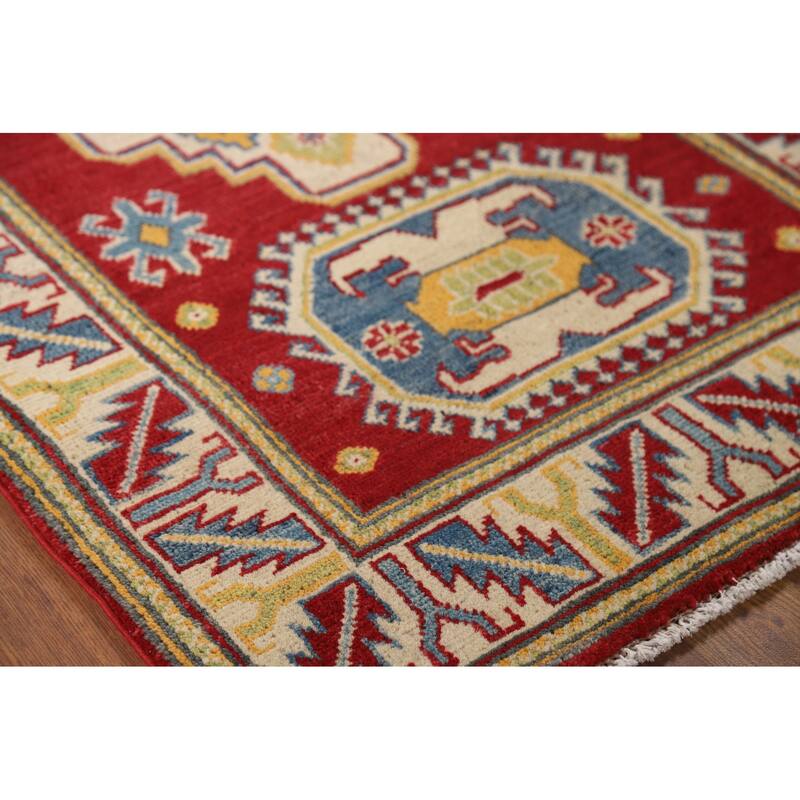 Geometric Kazak Foyer Rug Handmade Red Wool Carpet - 2'7" x 4'3"