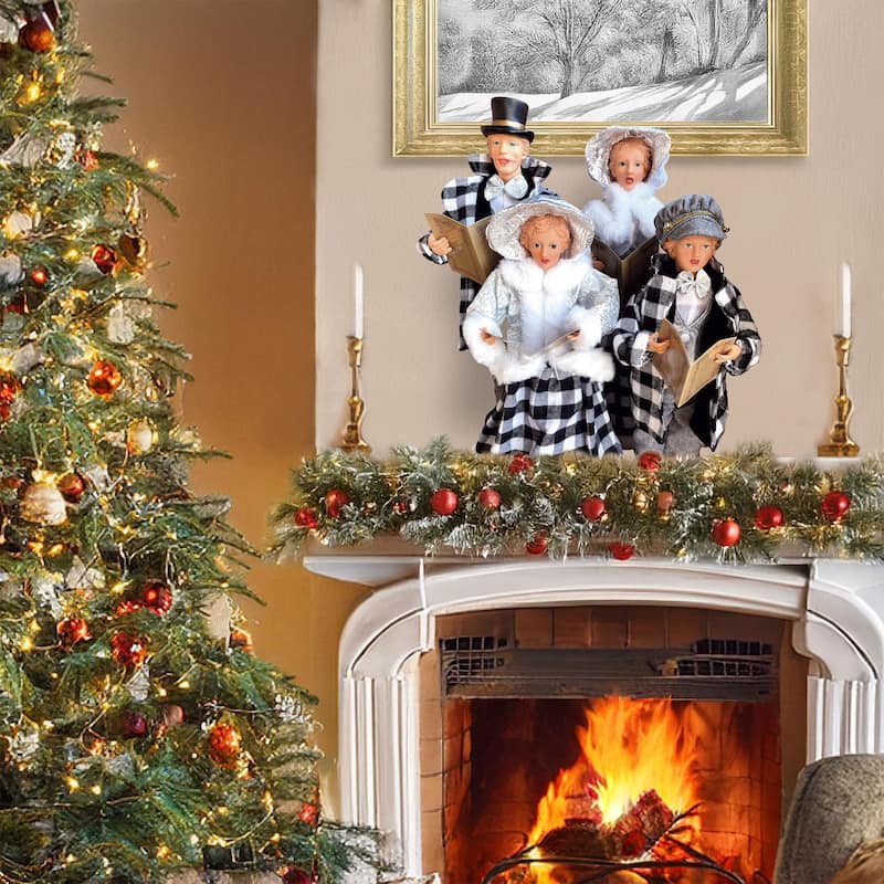 15-18" Black and White Plaid Carolers, Set of 4
