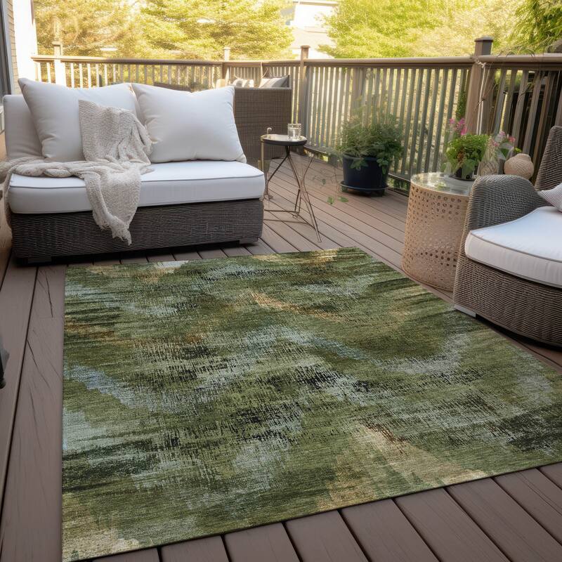 Machine Washable Indoor/ Outdoor Chantille Distressed Chevron Rug - Olive - 10' x 14'