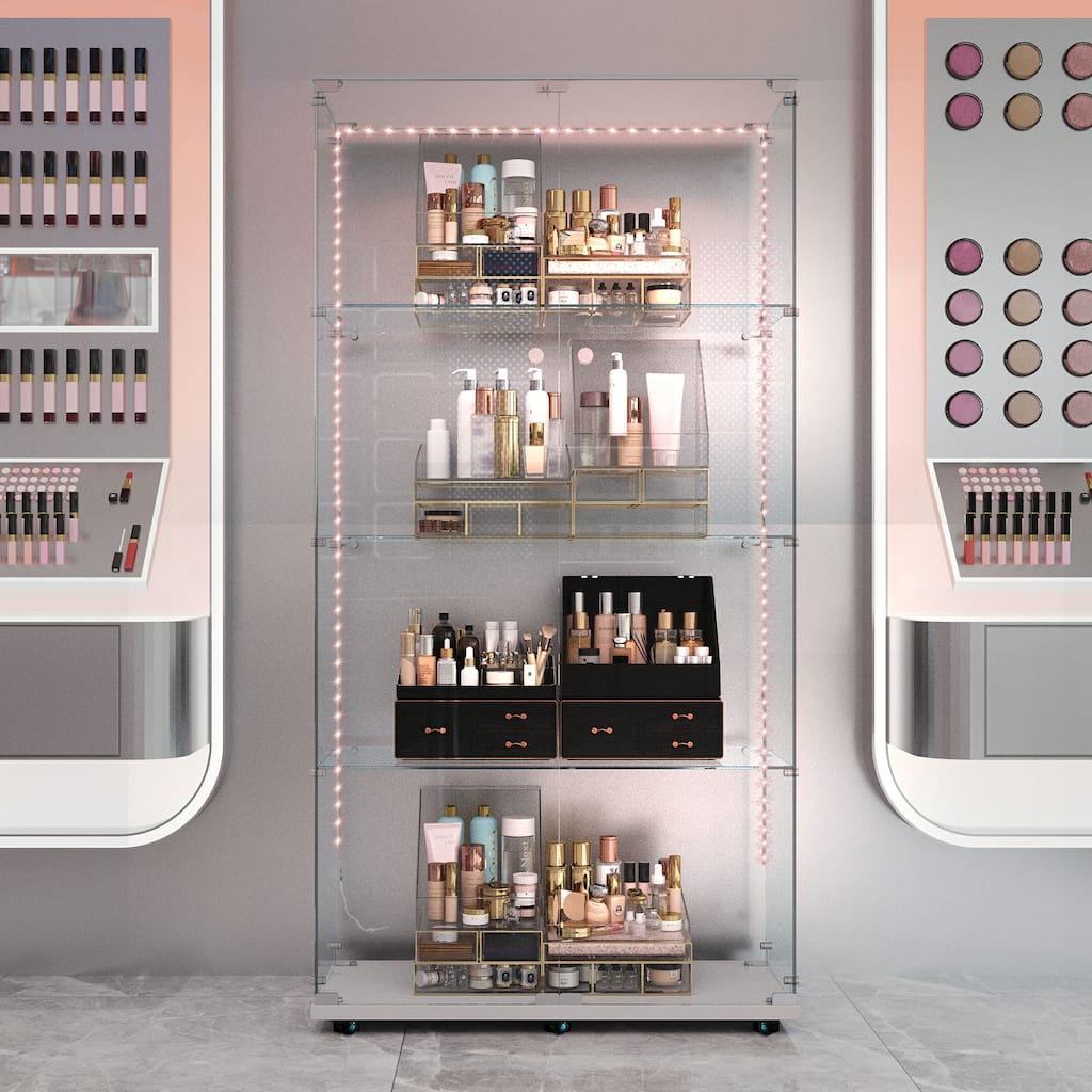 Tempered glass cabinet,wine cabinet,storage cabinet,file cabinet,with Bluetooth LED,remote control or mobile APP,swivel casters