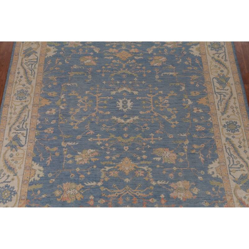 Oushak Vegetable Dye Area Rug Hand-Knotted Blue Floral Wool Carpet - 8'2" x 10'0"