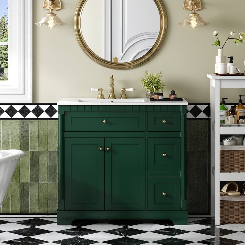 Modern Bathroom Storage Vanity with Adjustable Shelf, Soft Closing Doors, 3 Drawers and Tip Out Drawer - Antique - Green