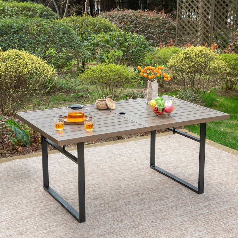 Outdoor U-Shaped Dining Table with Wood Grain Heat Transfer Printing Process - N/A - Teak color