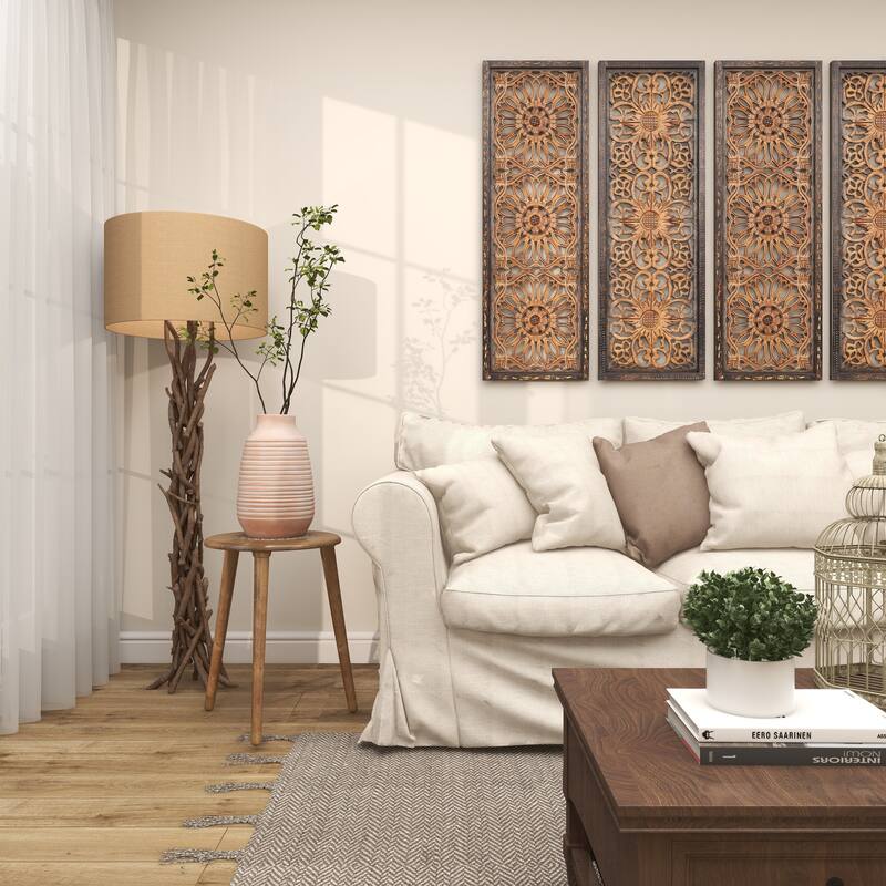 Mango Wood Handmade Intricately Carved Floral Accent Table with Tripod Legs - Dark Brown, White, Brown