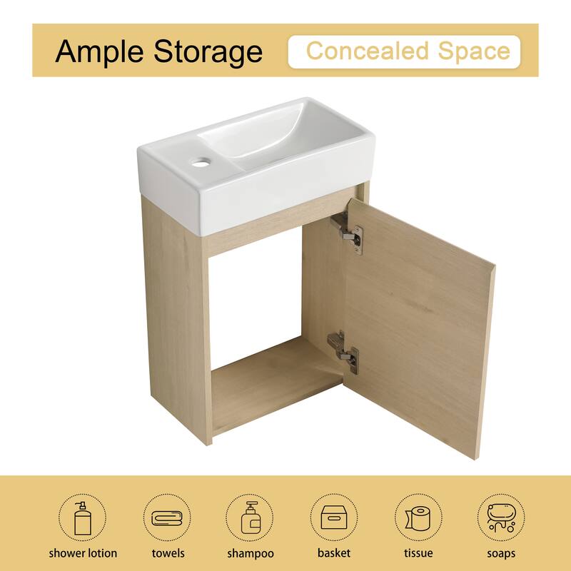 Malwee 16"/18" Floating Bathroom Vanity, Mini Wall Mounted Bathroom Vanity with Ceramic Sink and Soft Close Door