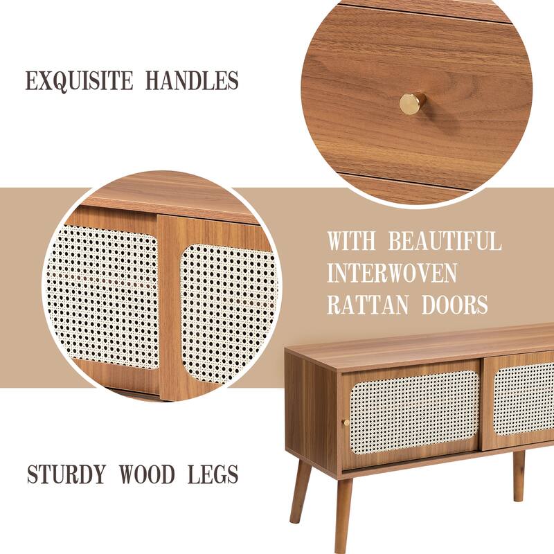 62.9"W Mid-Century TV Stand with Sliding Doors & Drawers, Entertainment Center TV Console Table with Rattan Doors, For 70"TV