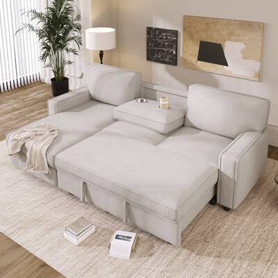Beige Sleeper Sectional Sofa with Pull-Out Bed & USB Ports