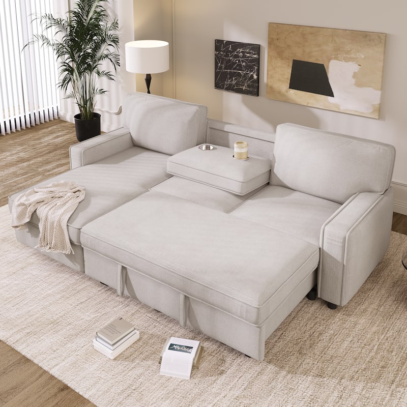 L-Shaped Convertible Sleeper Sectional Sofa with Pull Out Bed and Storage Chaise, Modular Couch Bed with Cup Holder, USB Ports