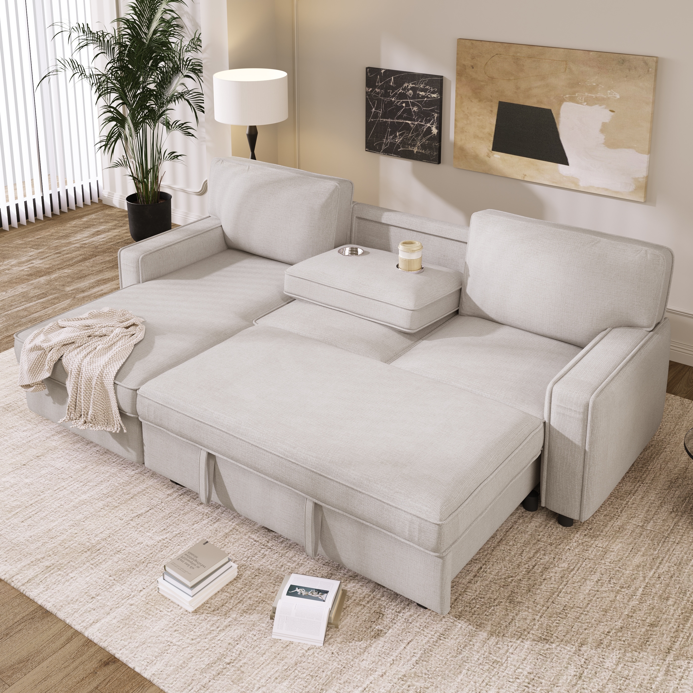 L Shaped Sleeper Sectional Sofa Pull Out Upholstered Sofa Bed with