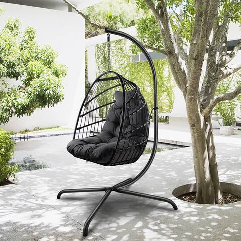 Swing Egg Chair, Indoor Outdoor Wicker Rattan Patio Basket Hanging Chair with C Type Bracket and Cushion