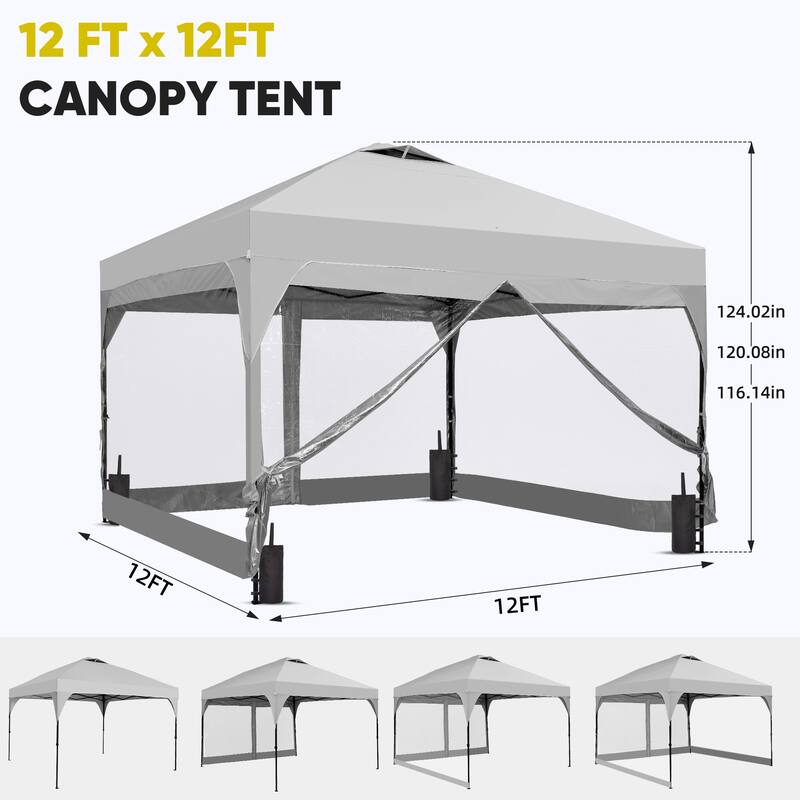 Ainfox 12x12FT Pop Up Canopy Tent with One Push Setup, Gazebo with 4 PVC Transparent Sidewalls