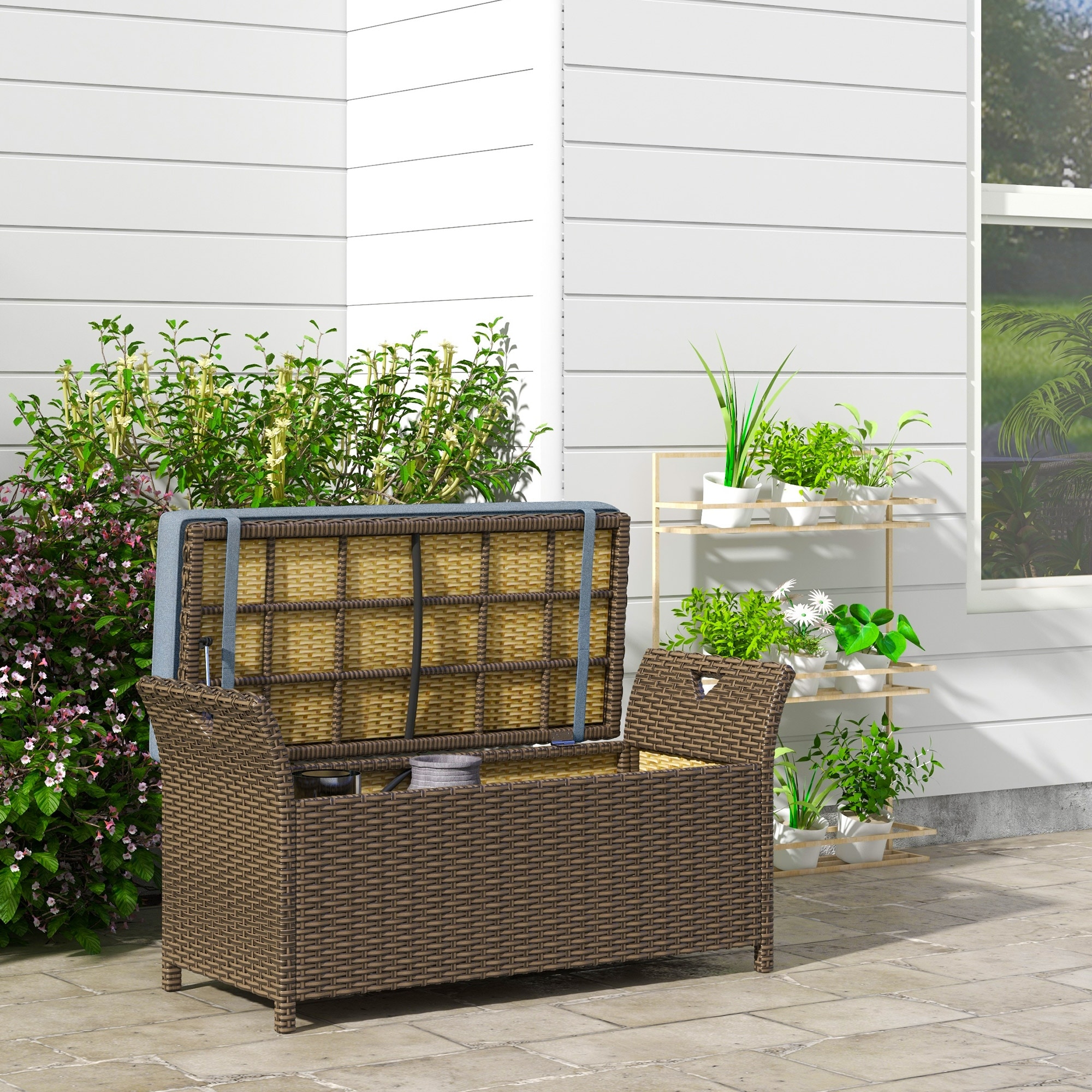 Outsunny 27 Gallon Patio Wicker Storage Bench, Outdoor PE Rattan Patio Furniture,Capacity Rectangle Garden Storage Box