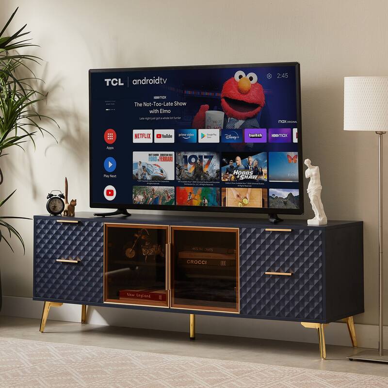 Modern TV Stand, Geometric Design TV Stand with 4 Drawers Aluminum Frame and Tempered Glass Door, for Living Rooms, Dark Blue