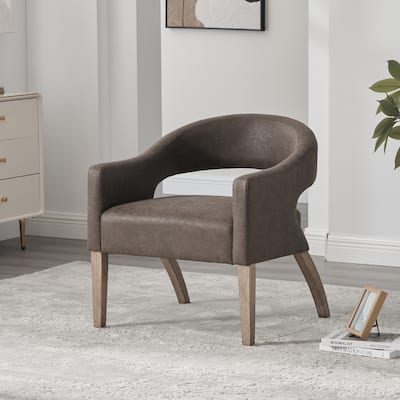 Modern Upholstered PU Open Back Accent Armchair Barrel Dining Chair with Weathered Rubberwood Legs, Hollow-Out Side Club Chair