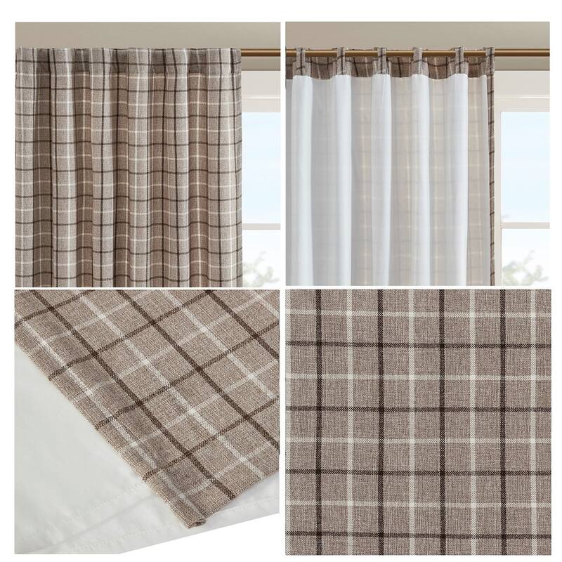Plaid Rod Pocket and Back Tab Curtain Panel with Fleece Lining Natural 50x95"