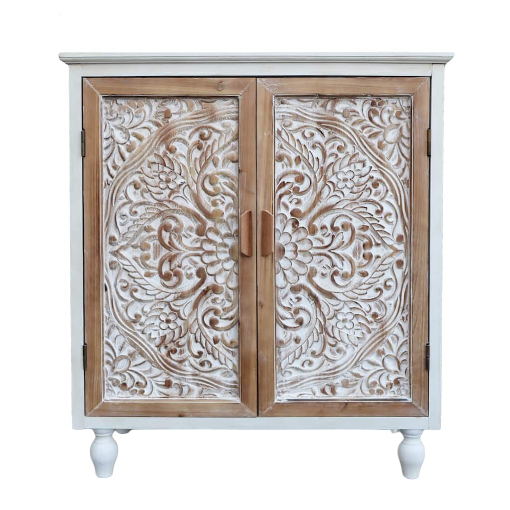 Vintage Free-Standing Buffet Cabinet with 2 Carved Doors,Brown and White, 34.5 ''H - 31.3"x 14.2"x 34.5"