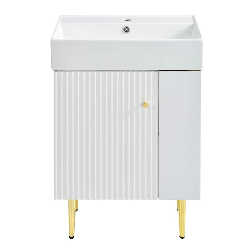 Bathroom Vanity with Ceramic Sink, Solid Wood Cabinet with Open Shelves, Freestanding Bathroom Vanity with Metal Legs