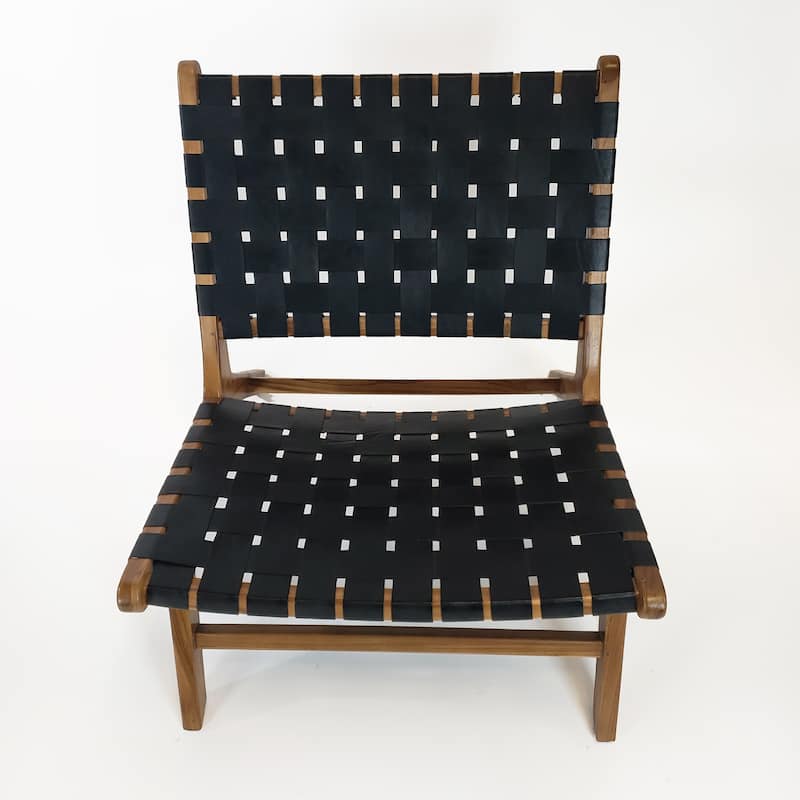 Brisot Square Weave Leather on Teak Wood Lounge Chair