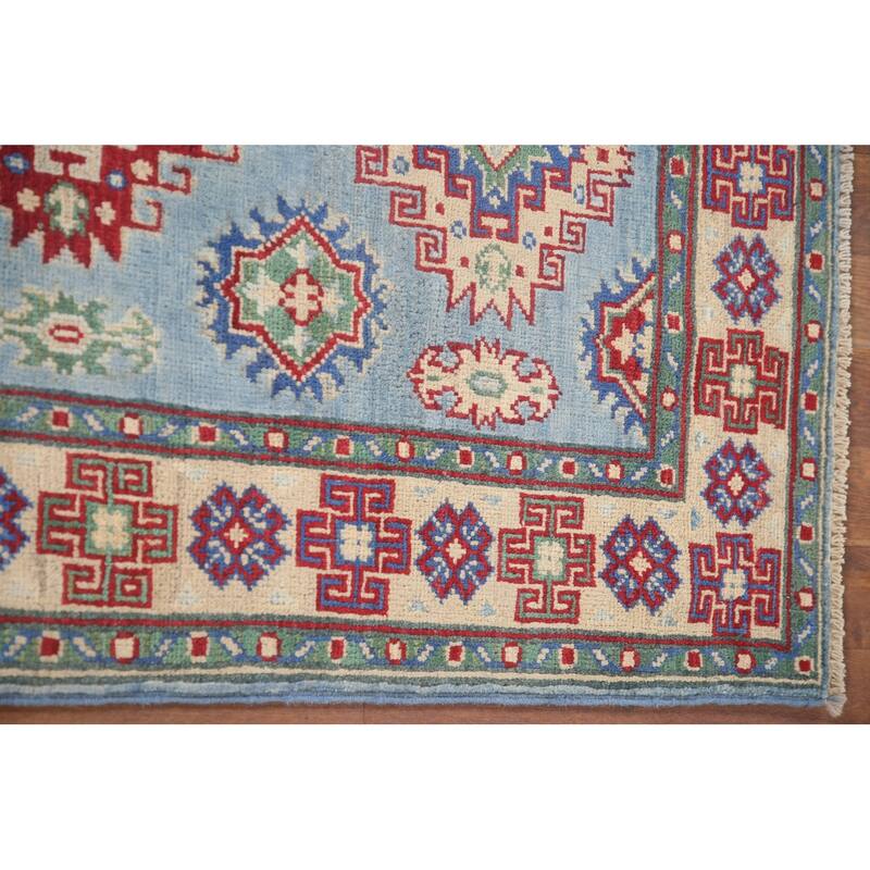 Hand Knotted Oriental 100% Wool Carpet Traditional Geometric Navy Blue & Blues Kazak Runner Rug - 6' 6'' X 2' 9''