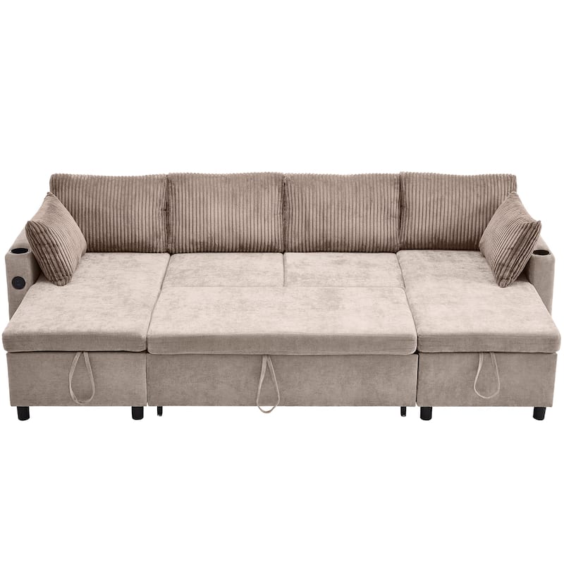 Corduroy L-shaped Sofa Sectional Sofa with 2 USB Ports and 2 Power Sockets, Storage Drawer Settee for Living Room