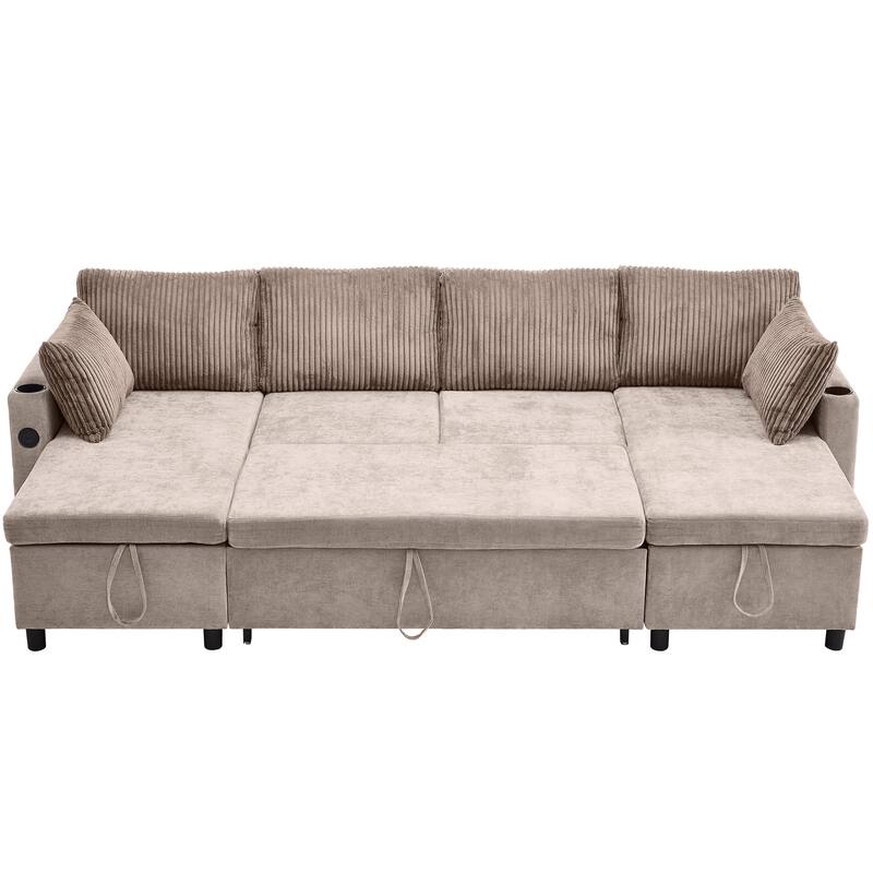 Multifunctional Sectional Sofa Bed with Pull-Out Sleeper, Dual Storage Chaises, USB Ports and Cup Holders for Living Room