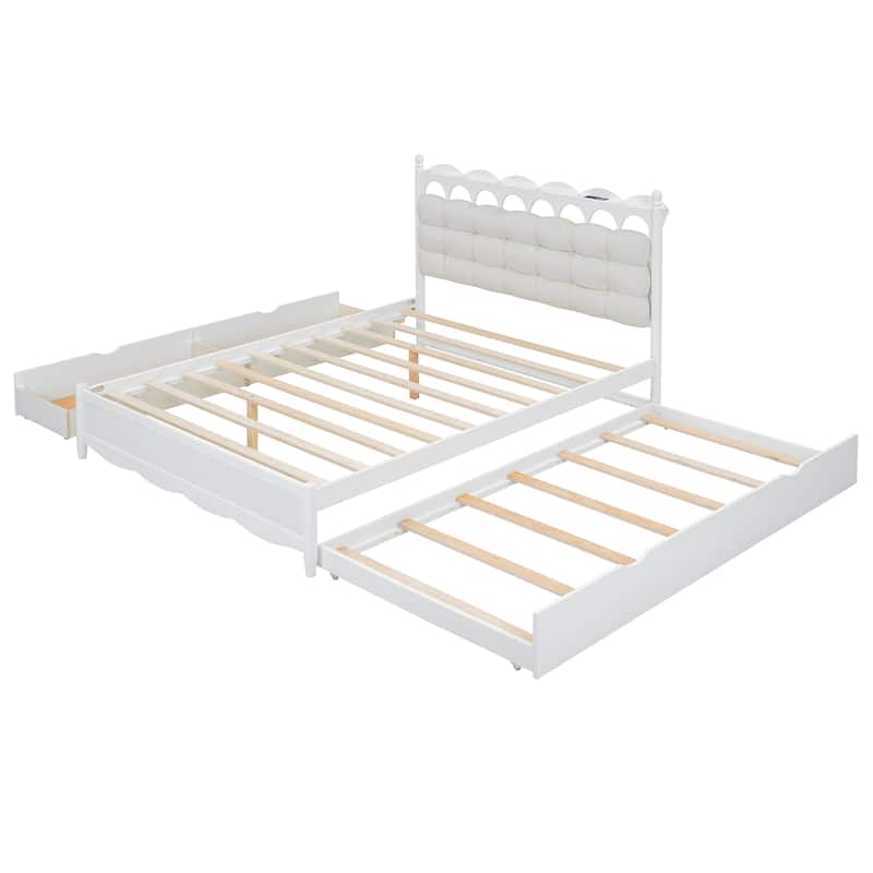 Queen Size Wooden Platform Bed with Sockets and USB Ports, Solid Pine Wood Storage Bed Frame with 2 Drawers and Twin XL Trundle