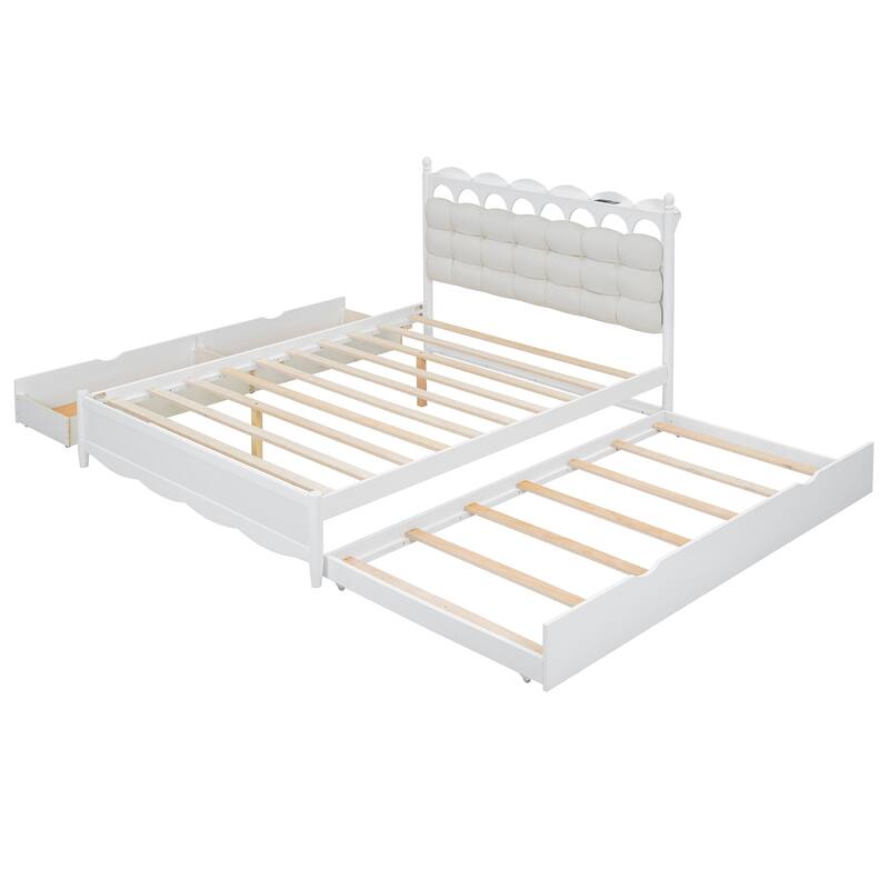 Queen Size Wooden Platform Bed with Twin-XL Size Trundle USB Ports Bedroom Storage Platform Bed with 2 Big Drawers