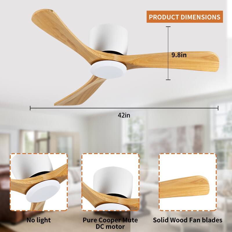 42 Inch Ceiling Fan no light with Remote Control, Low Profile Ceiling Fan without Light,Noiseless Reversible DC Motor with Timer