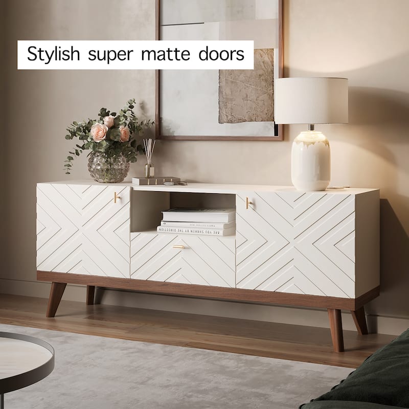 Living Skog Alba Beige TV Stand Console with Drawer Fits TV's up to 65 in. with Wood Legs Mid Century Modern Design