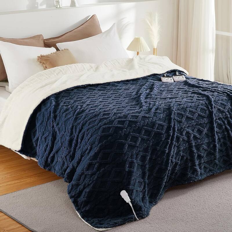 Tufted Sherpa Electric Blanket with 6 Heating Levels for Living Room, Bedroom, Blue - 62*84Inch