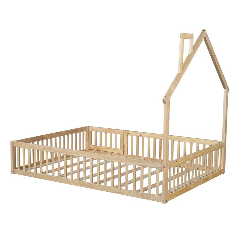 Pine Wood Full Size House Bed with 12" Guardrail, Charming Fence and Chimney Design.