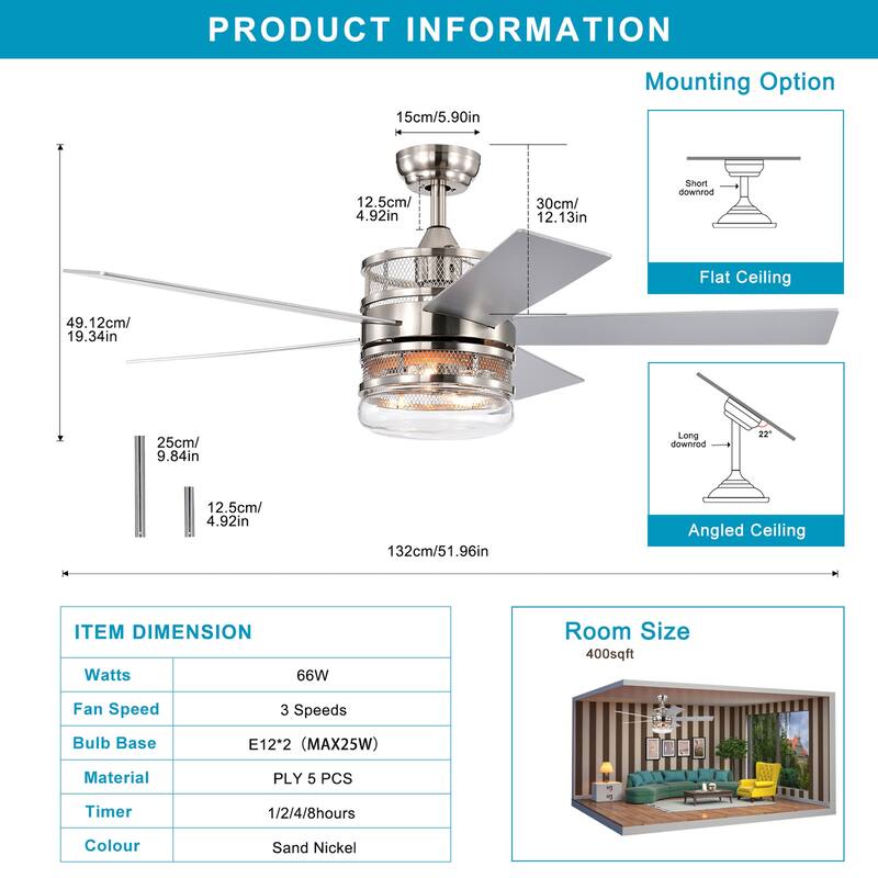 52 in. Smart Indoor Ceiling Fan with Remote Control and Glass Shade(Bulb Not Included)