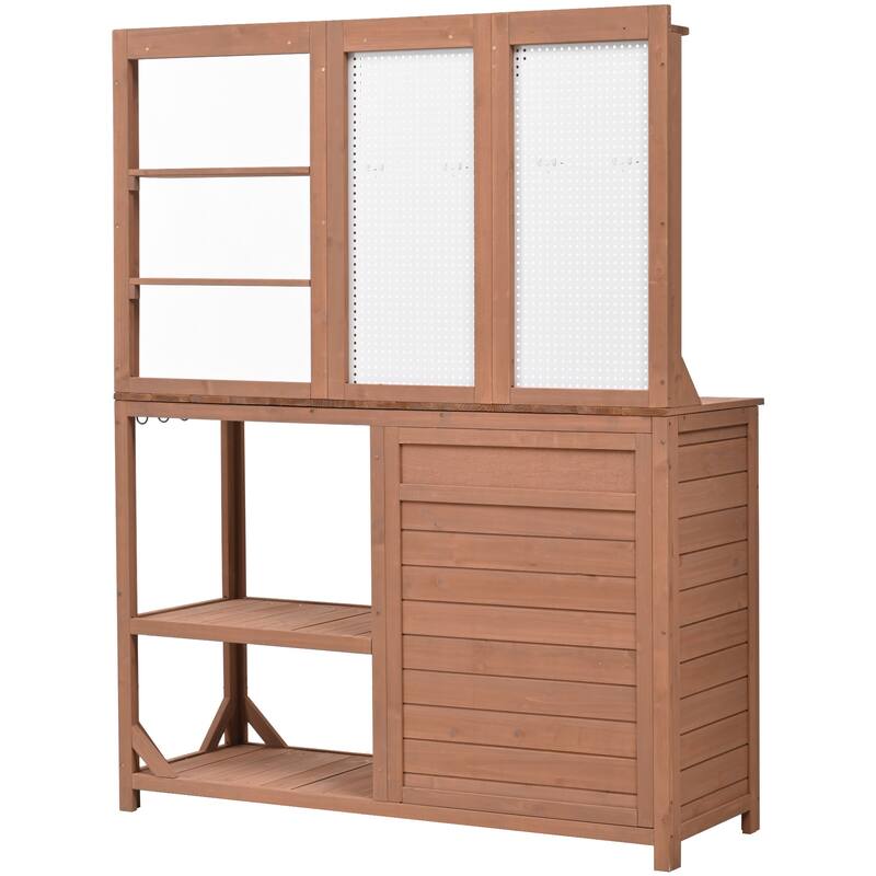 Outdoor Wood Potting Bench with Pegboard, Cabinet & Shelves, Garden Work Table with Hooks and Drawer