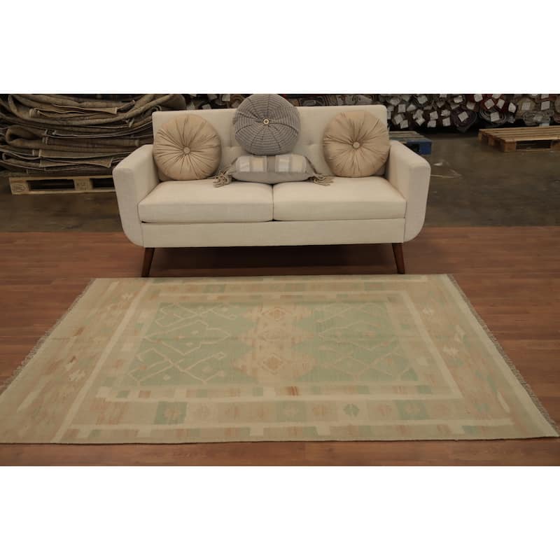 Hand Woven Oriental 100% Wool Carpet Southwestern Tribal Green Kilim Area Rug - 6' 4'' X 4' 7''