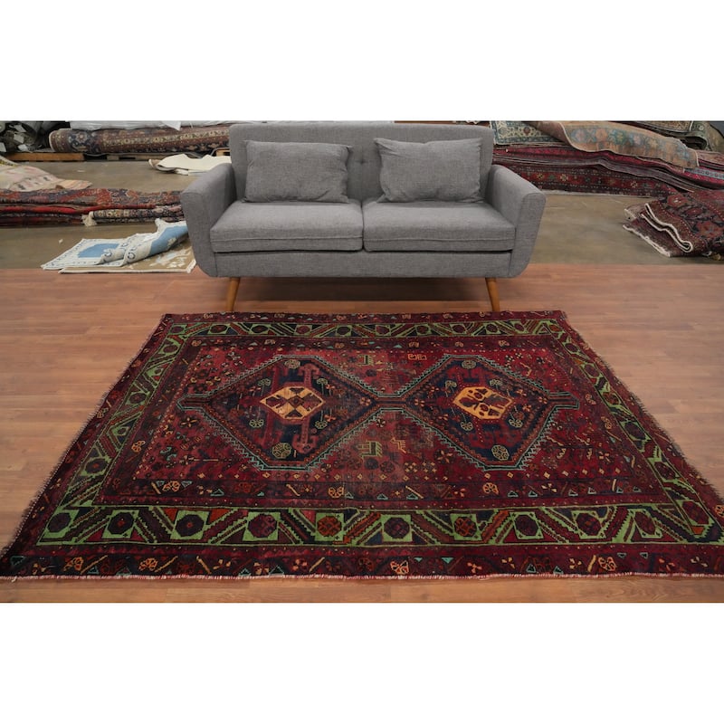 Hand Knotted Oriental 100% Wool Carpet Traditional Tribal Red Qashqai Area Rug - 6' 9'' X 4' 11''