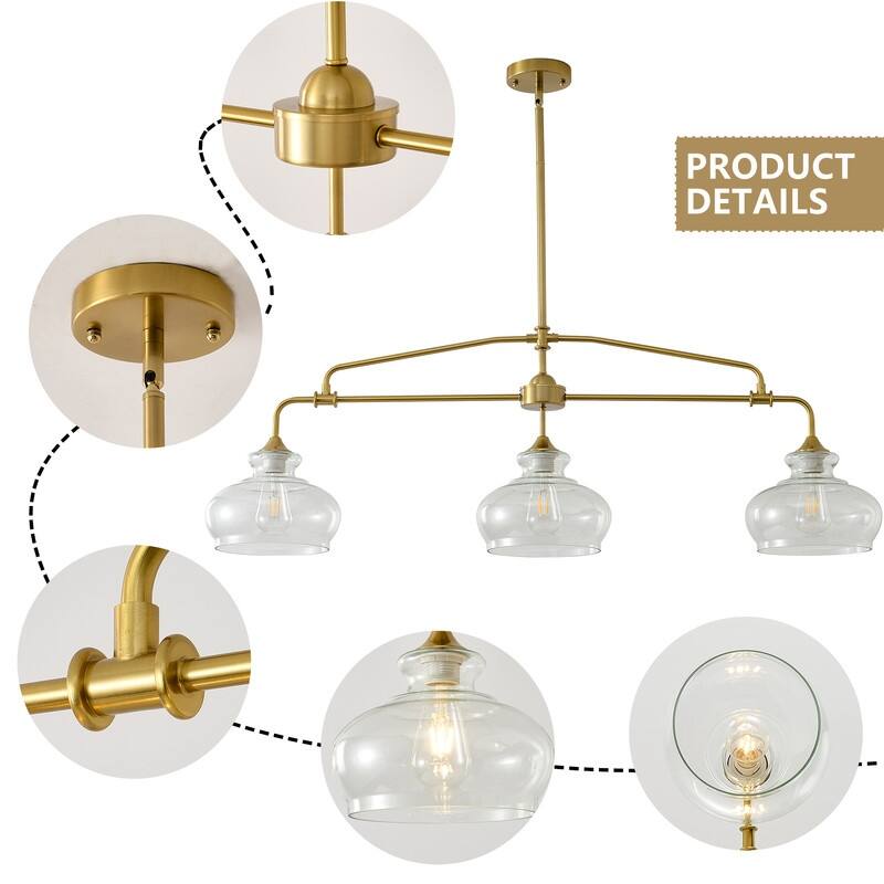 3-Light Brass Farmhouse Chandelier with Clear Glass Shade, Dimmable Hanging Light for Dining Room