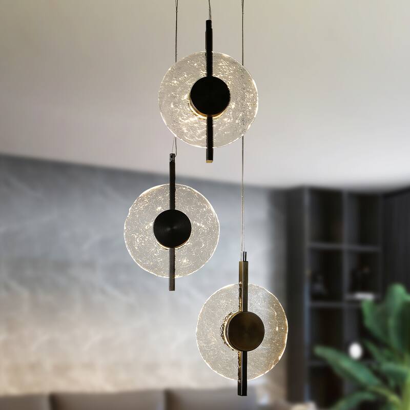 Modern LED 3-Light Black Chandelier Cluster Textured Glass Pendant for Kitchen Island - Gold