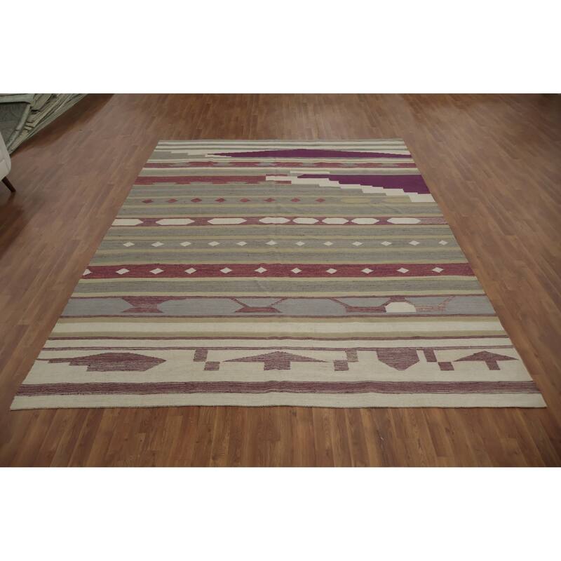 Hand Woven Oriental 100% Wool Carpet Southwestern Tribal Greys & Charcoal Kilim Area Rug - 12' 5'' X 9' 4''