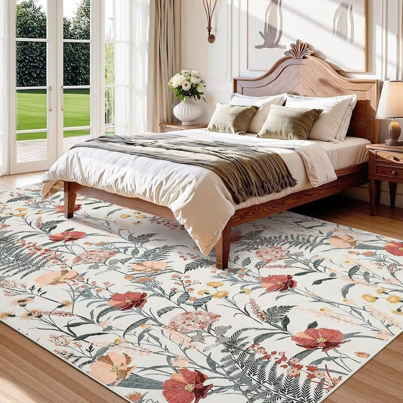 Modern Living Room Rugs Floral Rustic Area Rug Soft Foldable Accent Rug Low Pile Non-Slip Rug for Dining Room Office