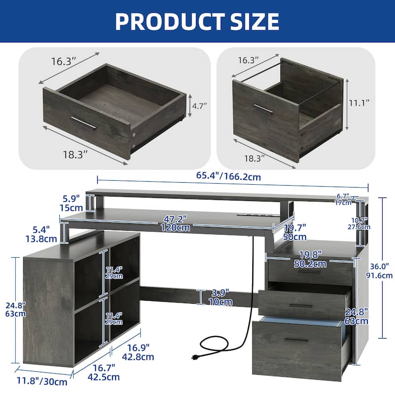 Moasis 65" Computer Desk with Filing Cabinet and Storage Shelves, LED Lighting Corner Home Office Desk