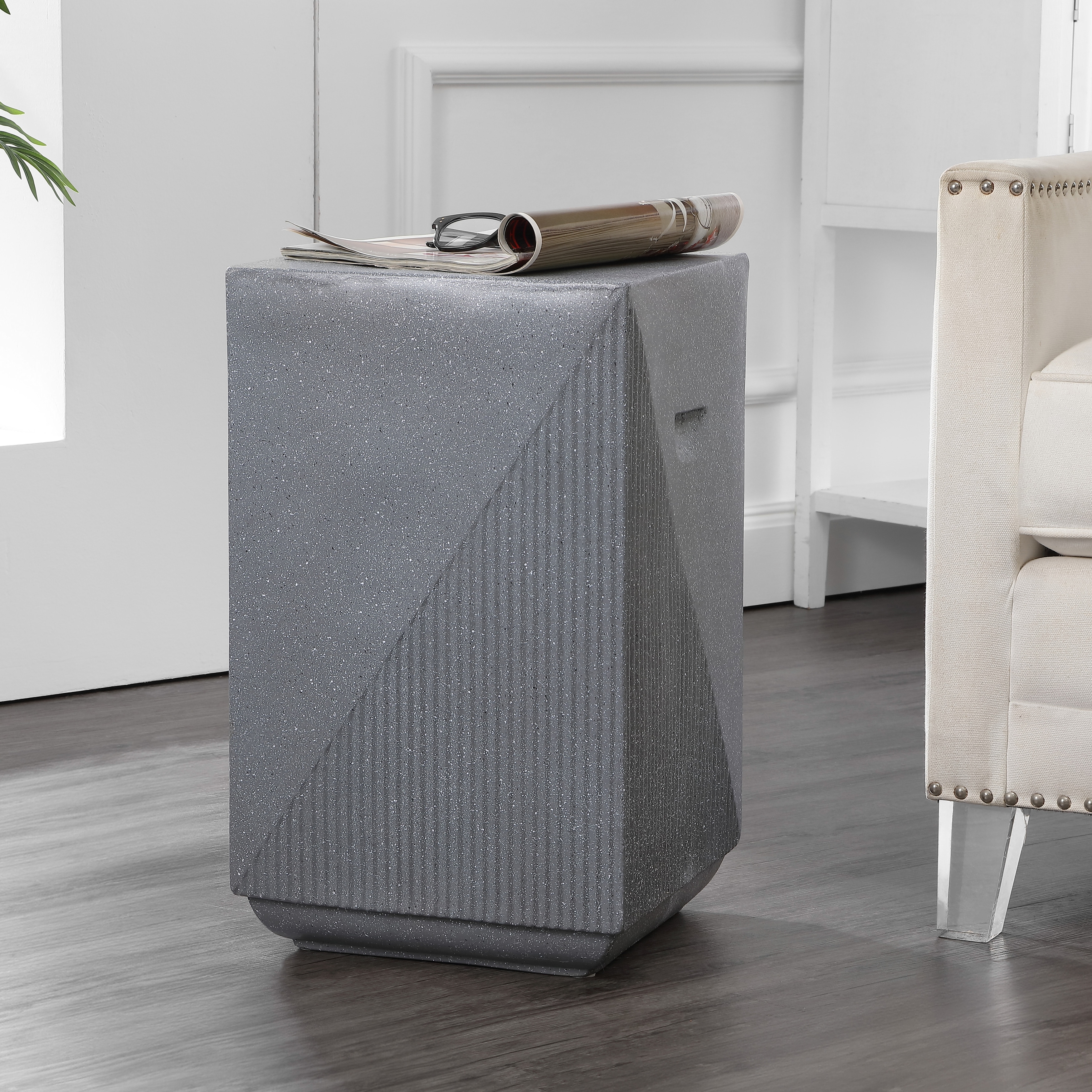 Adrian Modern Durable All-Weather Polyresin Outdoor Accent Side Table & Patio Stool, Geometric Fluted