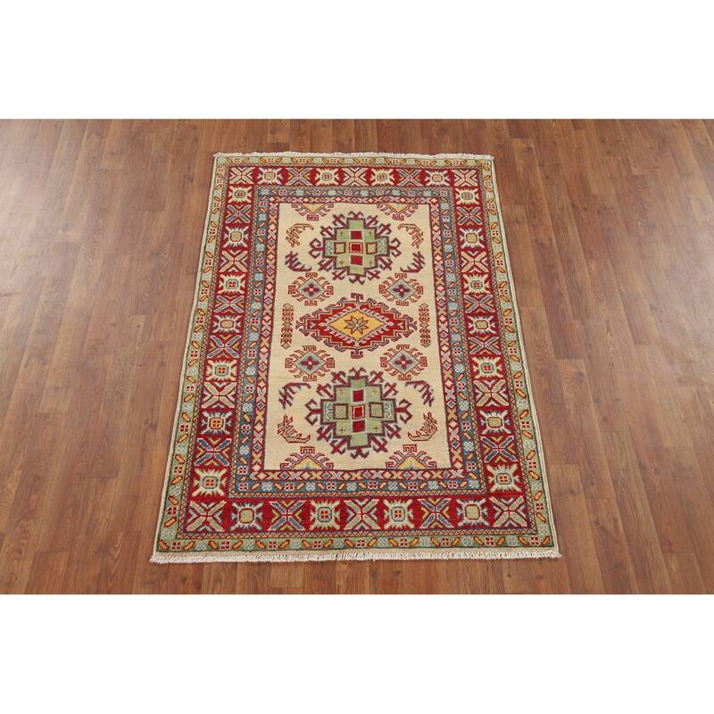 Traditional Kazak Oriental Accent Rug Hand-Knotted Wool Carpet - 3'5" x 4'10"